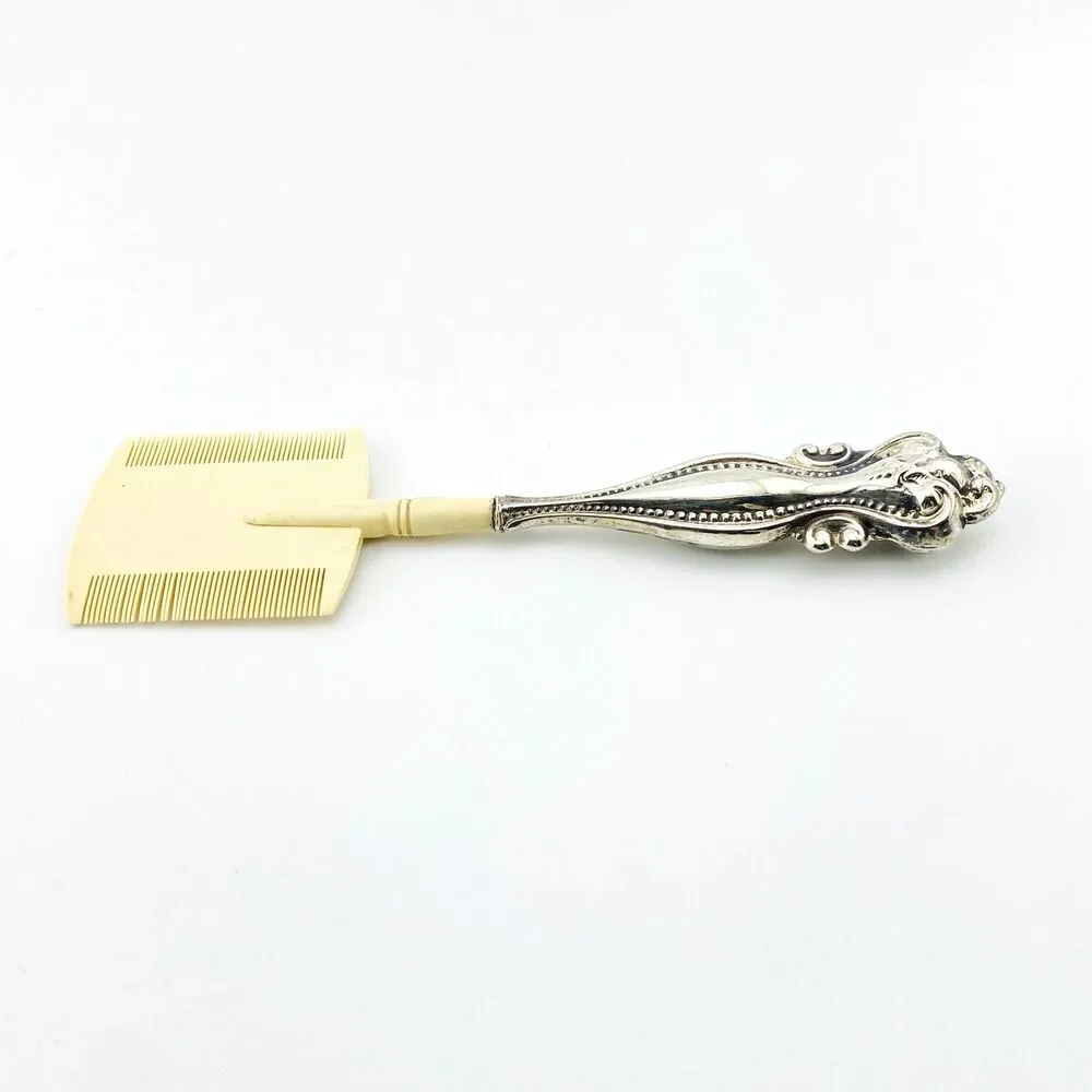 Antique Beard or Moustache Comb with Sterling Silver Repousse Handle